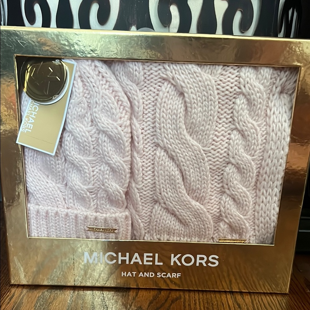 Michael Kors Blush Cable Knit Hat and Scarf Set